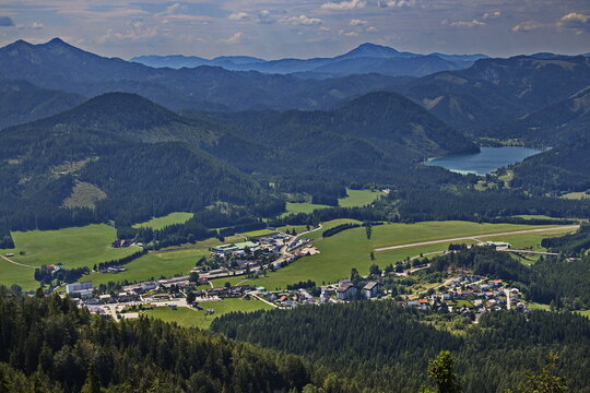 View of Sankt Sebastian and Erlaufsee from B&uuml;rgeralpe over Mariazell in Styria,Austria,Europe
