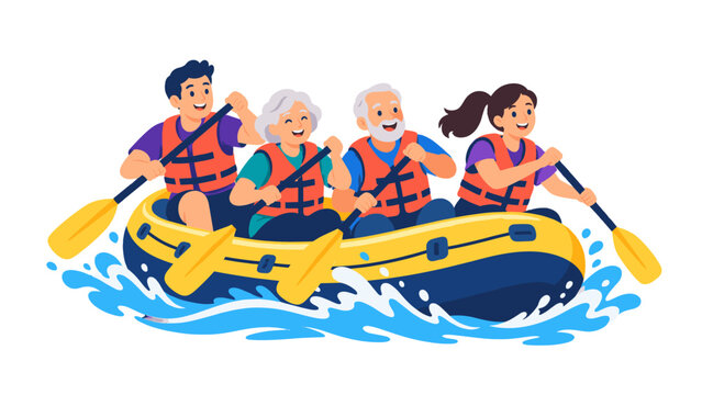 Family paddling together in an inflatable raft