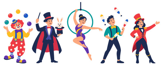 Fototapeta premium Circus performer character set with clown magician and acrobat