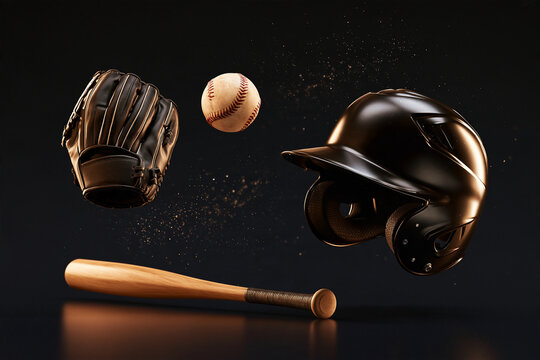 Black baseball gear floats above a polished bat. Sphere catches light as it hovers mid-air. Helmet and glove appear frozen in motion. Dark background highlights each item's texture