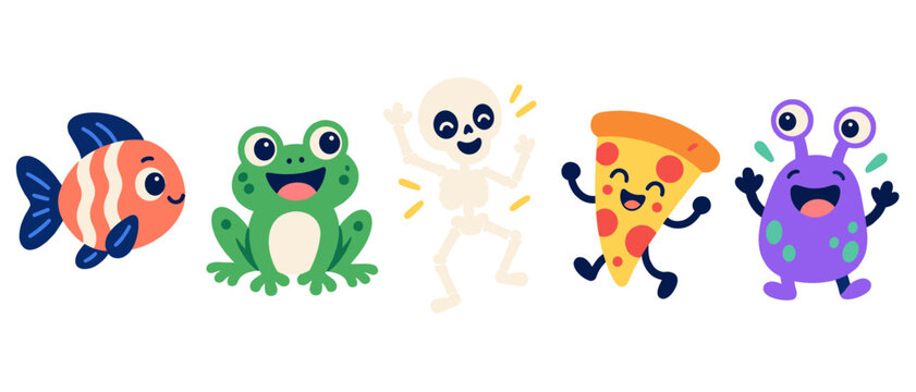 Cute cartoon characters featuring a fish frog skeleton pizza and alien