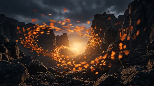 Glowing orange autumn leaves swirling in a rocky mountain canyon during dramatic sunset