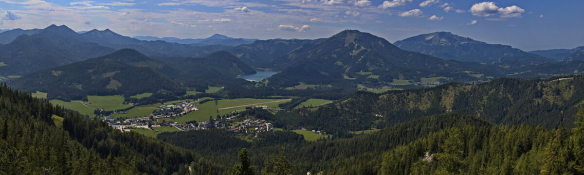 View of Sankt Sebastian and Erlaufsee from B&uuml;rgeralpe over Mariazell in Styria,Austria,Europe
