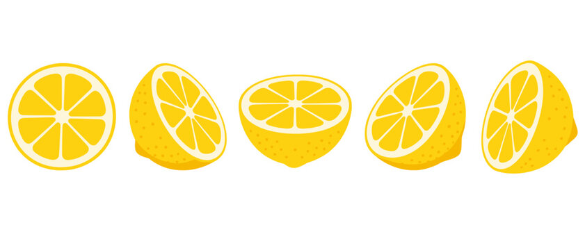 Set of yellow lemon slices and halves in varied views