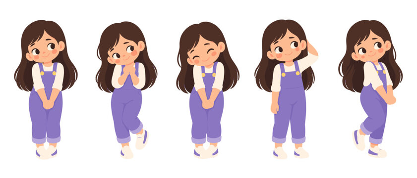 Girl character in purple overalls shown in five poses