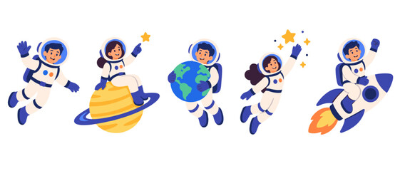 Cartoon astronauts exploring space with Earth Saturn and a rocket © Andrei
