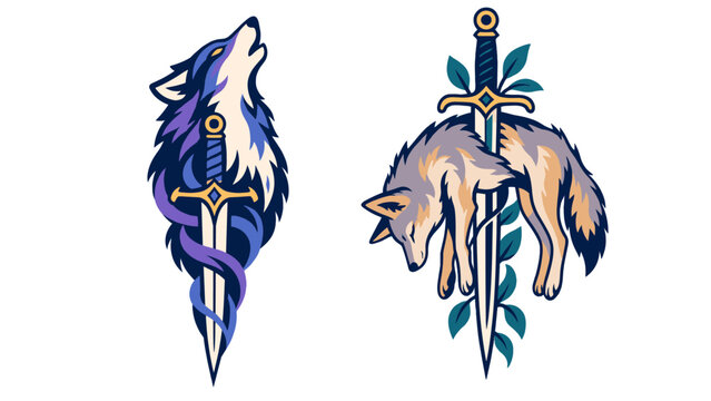 Pair of stylized wolf emblems with swords and foliage
