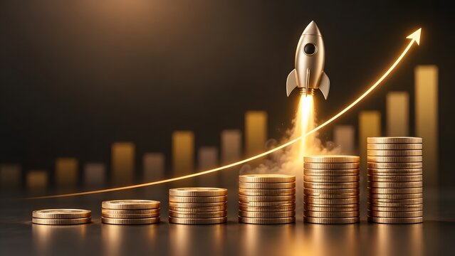 Financial growth concept featuring metallic rocket launching from stacked gold coins illustrating rapid economic success and investment profit