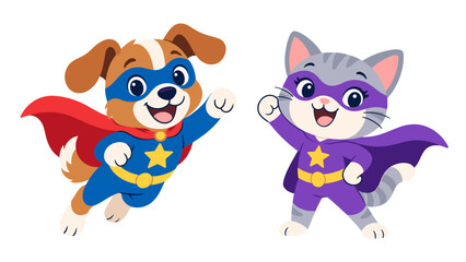 Fototapeta premium Cheerful dog and cat superheroes posing in colorful capes