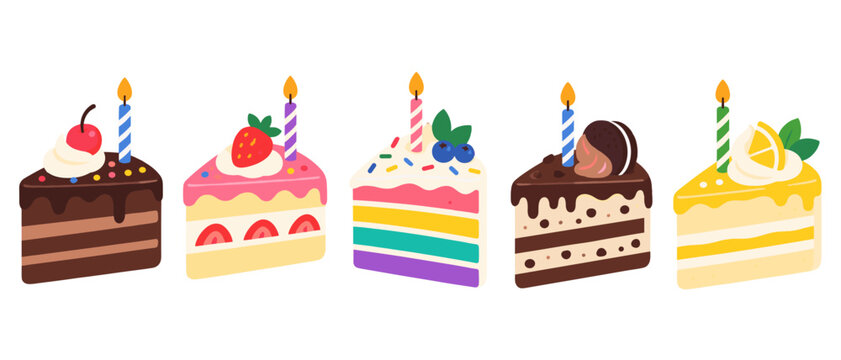 Set of colorful birthday cake slices with lit candles