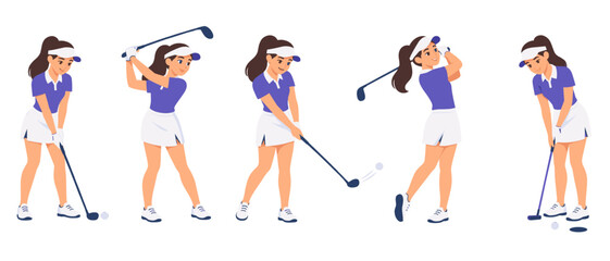 Obraz premium Woman golfer demonstrating a sequence of golf swings