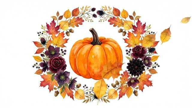 Watercolor autumn pumpkin wreath with falling leaves