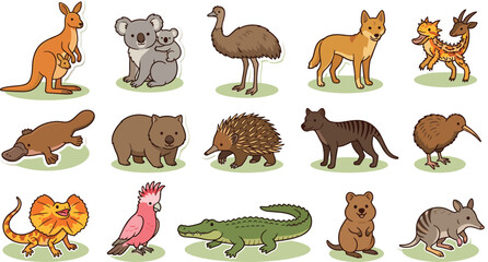 Obraz premium Australian Wildlife Animal Illustration Set with Kangaroo, Koala, Emu, Dingo, Echidna, Wombat, Tasmanian Devil, Crocodile and Native Birds