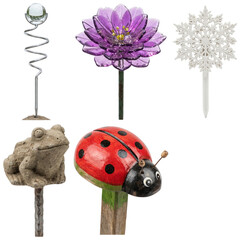 A diverse collection of decorative garden stakes and plant ornaments featuring various animal, floral, and seasonal designs. © z_to_the_top