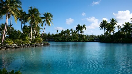 Obraz premium Tropical lagoon surrounded by palm trees under clear blue sky with calm turquoise water reflecting sunlight