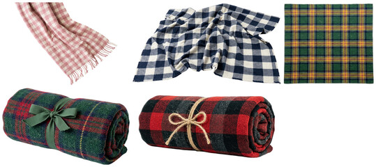 A cozy collection of warm plaid and tartan throw blankets in various colors, fabrics, and folded arrangements. © z_to_the_top