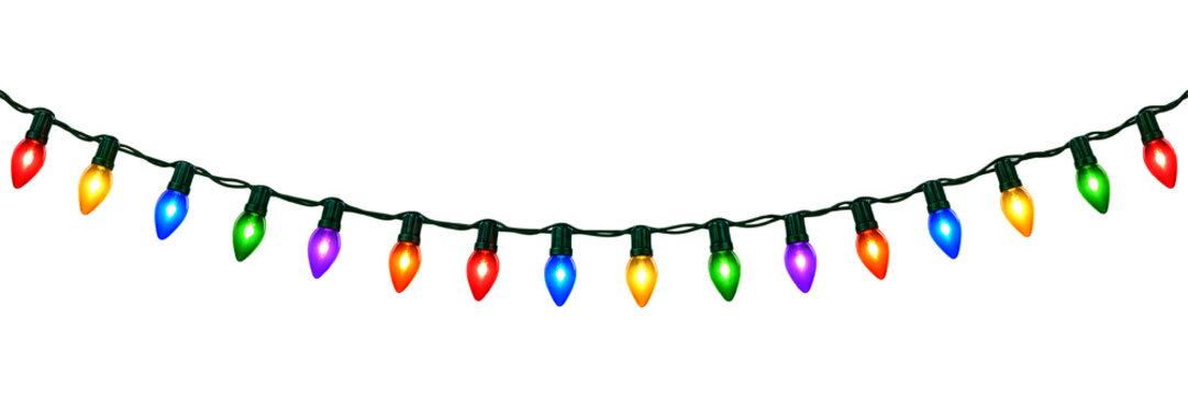 Colorful Christmas String Lights for Holiday Decoration on a isolated transparent background