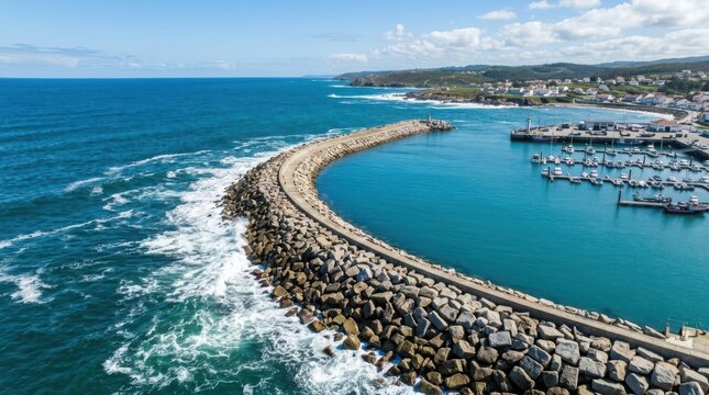 Curving stone breakwater protecting a tranquil harbor against the vast blue ocean