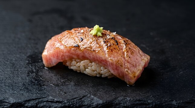Seared wagyu beef nigiri sushi topped with green wasabi served on dark slate stone tabletop background macro photography