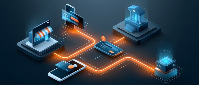 Digital payment gateway connecting ecommerce storefront, smartphone wallet, merchant account and banking infrastructure, glowing transaction pathways, modern enterprise technology visualization