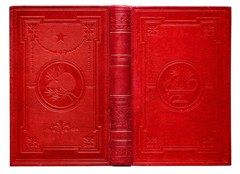 Antique hardcover red book with an ornate decorative binding made of cloth and illustrated cardboard, featuring rich gold embossing and red colors. Isolated on a white background.