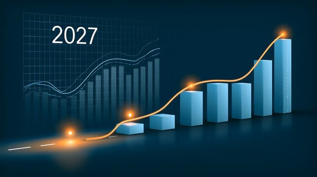 Business goals for 2027 represented by a strategic roadmap leading toward growth targets, rising analytics charts and illuminated milestone points, modern corporate visualization