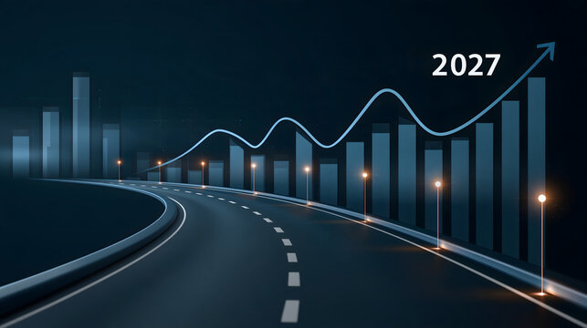Business goals for 2027 represented by a strategic roadmap leading toward growth targets, rising analytics charts and illuminated milestone points, modern corporate visualization