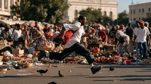 Nigerian street vendor chasing a pickpocket through a crowded outdoor holiday market, goods and decorations scattered mid-chase, surrounding shoppers turning in alarm, capturing