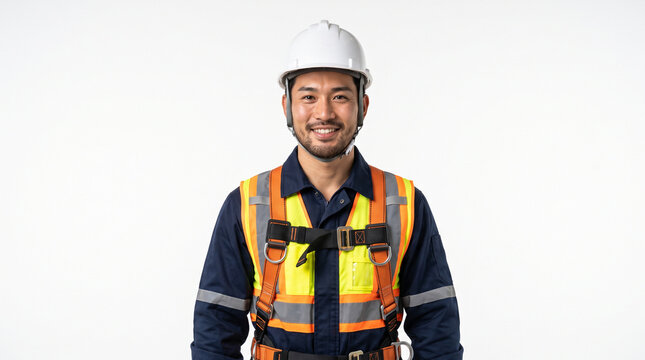 白背景に立つ20代の若手鳶職のポートレート：建設業界の若手育成と建設DX