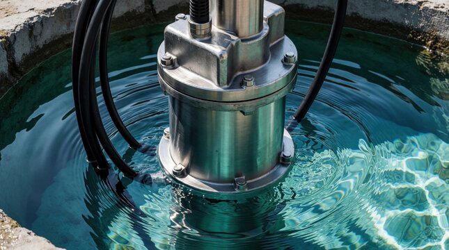 Robust steel submersible pump operates in clear water well for deep extraction. Metal industrial machinery sits in blue liquid for plumbing, irrigation task. Heavy duty equipment provides reliable