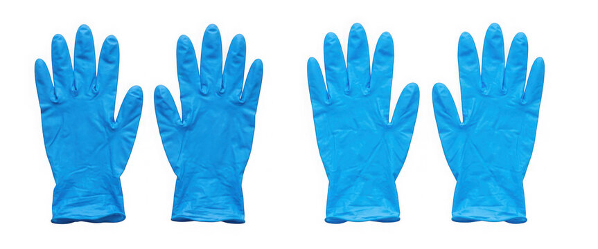 Four blue nitrile disposable gloves isolated on transparent background