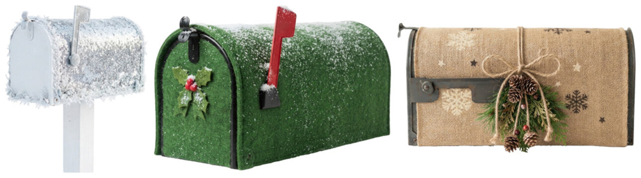A festive collection of decorative winter mailbox covers crafted with sequins, felt, and rustic burlap accents.