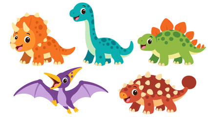 Cute cartoon dinosaur character set with a flying pterosaur © Andrei