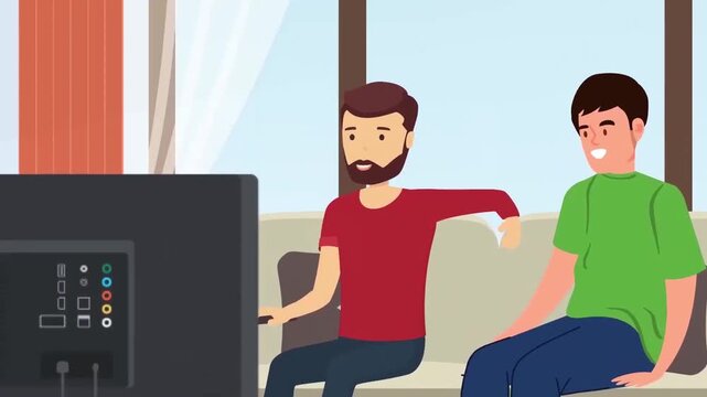 Three male friends watching television together on living room sofa animation footage