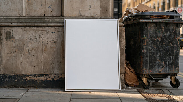 Stolen art canvas leaning against a grimy urban alley wall beside a dumpster, discarded heist goods concept, art theft, museum robbery aftermath, abandoned stolen property,