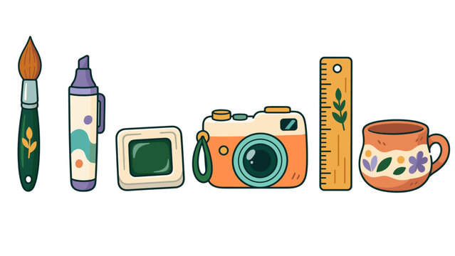 Hand drawn creative hobby objects with camera and paintbrush