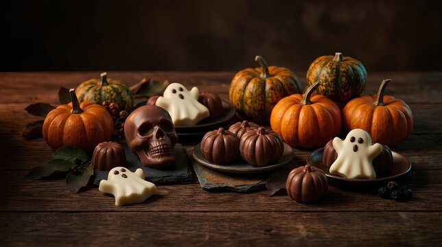 Spooky Halloween treats including pumpkins, skull, and ghost-shaped cookies on a rustic wooden table.