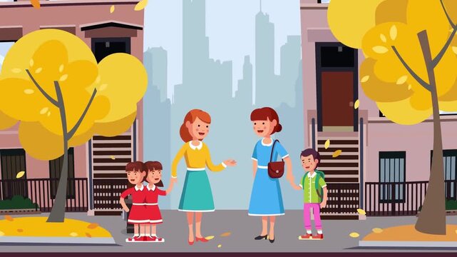 Mothers talking on street with children during autumn animation video footage