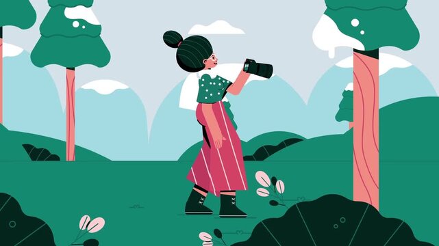 Animated woman running through a green forest holding a camera in vector style motion graphics footage clip