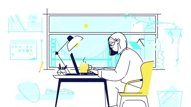 Freelancer working on a laptop computer at home with coffee in a 2D vector animation stock footage clip