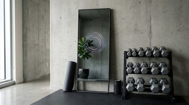 Modern smart fitness mirror displaying glowing interactive workout graphics inside a sleek industrial home gym interior setting