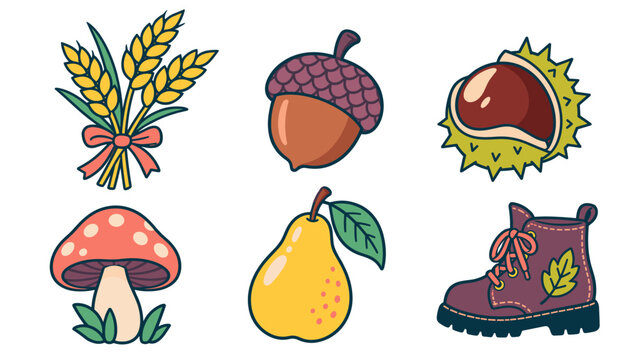 Hand drawn autumn clipart set with wheat acorn and chestnut
