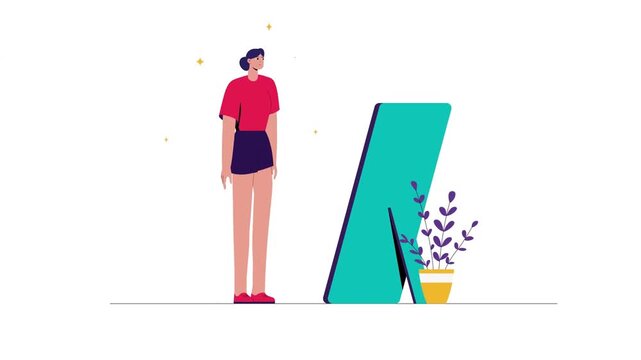 Woman looking at large modern mirror in clean flat vector animation loop style video footage