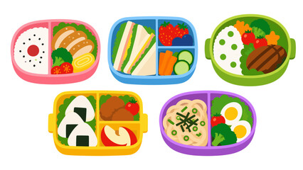 Fototapeta premium Set of colorful bento lunch boxes filled with assorted meals