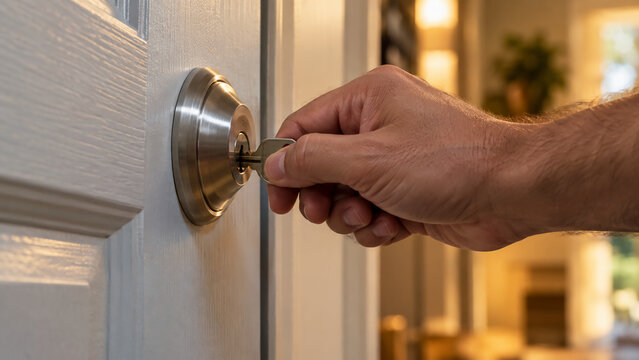 A hand is shown inserting a key into a silver door lock, ready to unlock a white wooden door in a warmly lit indoor setting.