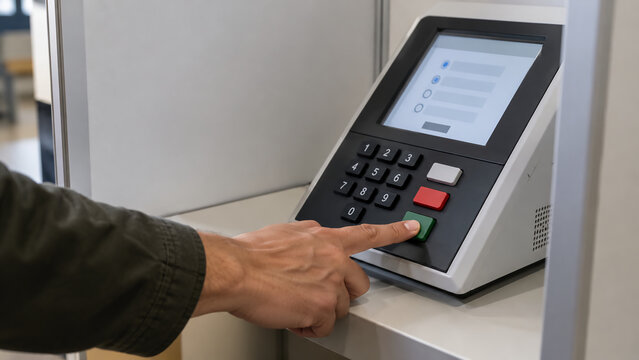 A person is pressing a green button on a numeric keypad device with a small screen, likely for security access or time attendance.