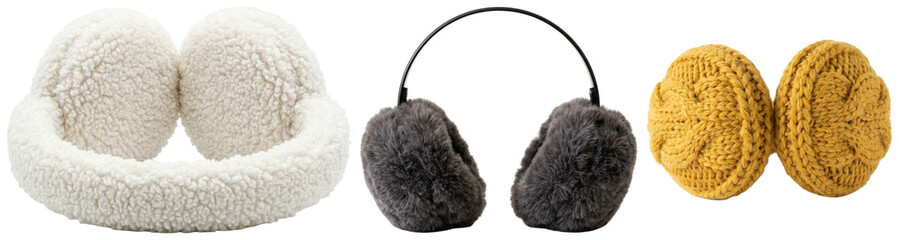 A collection of cozy winter earmuffs in knitted wool, fluffy faux fur, and warm sherpa fleece styles. © z_to_the_top