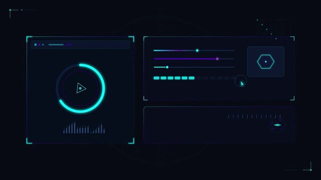 Futuristic digital hud ui dashboard interface sci-fi neon cyan glow dark minimalist motion graphics overlay for cyberpunk gaming and tech screen displays