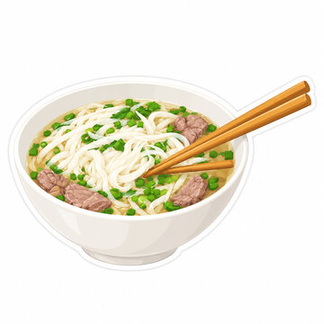 Vietnamese Pho Noodle Soup with Beef and Chopsticks, Flat Vector Sticker Illustration