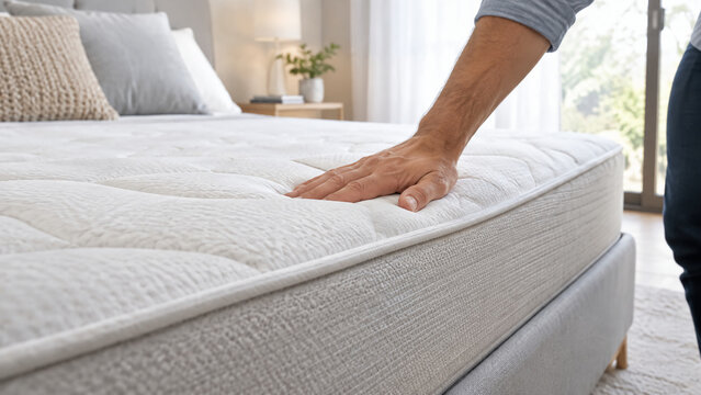 A person is testing a plush mattress, appreciating its softness and comfort, in a cozy, well-lit bedroom setting.